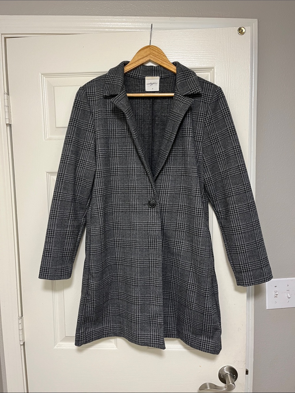 Carly Jean Los Angeles Black & Gray Plaid Trench Coat
